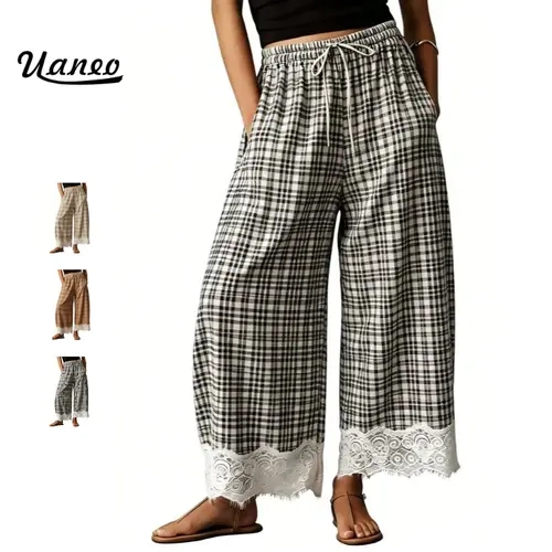 UANEO Lace Hem plaid Pants Women 2026 Summer Cropped Lace Trim Wide Leg Pants Casual Outfits with Pockets