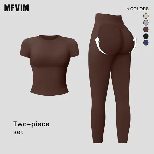 MFVIM Women's 2-Piece Fitness Activewear Leggings Set - Ribbed Crew Neck Short Sleeve Compression Shirt, High-Waisted Butt-Lifter Full-Length Leggings, Gym Training Outfit, Gym Clothes Workout Set
