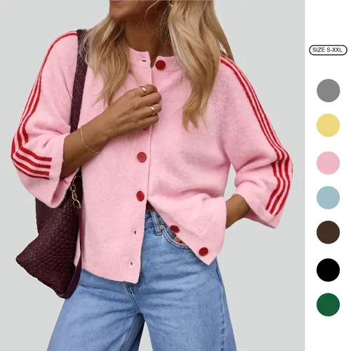 Imily Bela Women Striped Sleeve Knit Cardigan Casual Crew Neck Button Down Cropped Sweater Jacket Y2K Fall Outfits