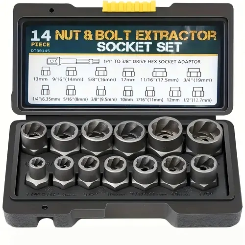 【P-M】14-Piece Impact Bolt & Nut Remover Set,Bolt Extractor Kit with 3/8 Inch Adapter, Stripped Lug Nut Remover, Easy Out Bolt Remover Set for Rusted, Rounded, Damaged Nuts Screws Hex Socket Wrench