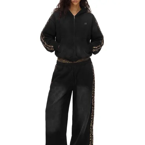 FDR Women’s Washed Leopard Tape Hoodie & Double Waist Sweatpants Set, Vintage Oversized Streetwear Two-Piece Outfit for Women