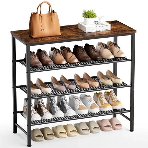 Kitsure 4-Tier Rectangular Shoes Organizer - Single Unit, Rustic Brown Industrial Metal Frame with Wood Top & Mesh Shelves, Multi-Shelf Organizer Hallway Furniture Space Saver (75x29x63cm)
