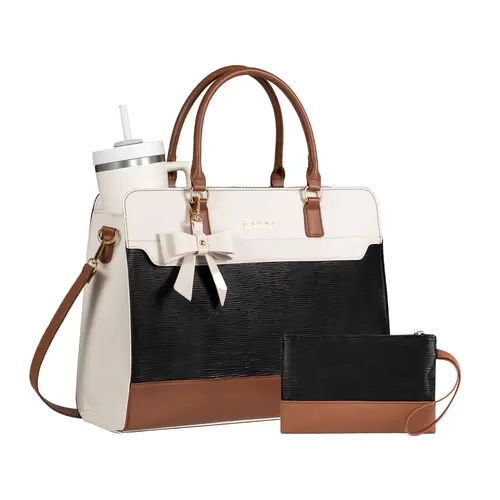 AAIVV Women's 2-Piece PU Leather Laptop Tote Set - 15.6in Office Workbag with Cup Holder, Padded Sleeve, Anti-Theft Pocket, Detachable Strap, Zipper, Bow Accent + Matching Wristlet Clutch, Office Accessories