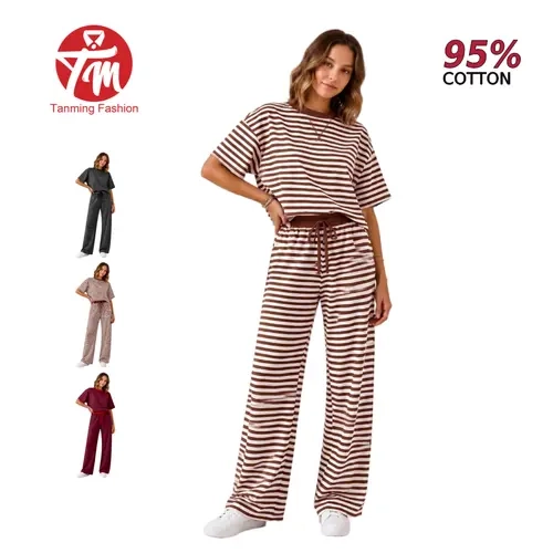 Tanming Women Striped Cotton 2 Piece Set -  Short Sleeve Tee & High Waisted Drawstring Wide Leg Pants - Two Piece Outfit Matching Set - Spring Summer Fall Casual Daily Loungewear
