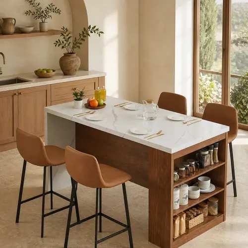 【FallDealsForYou】ONBRILL 61"x31" Rectangular Large Wood-Top Kitchen Island Table, Whole Board Tabletop with Storage Space, Power Outlet, LED Lights, Easy Setup Modern Imitation Marble Counter-Height Dining Table for 4