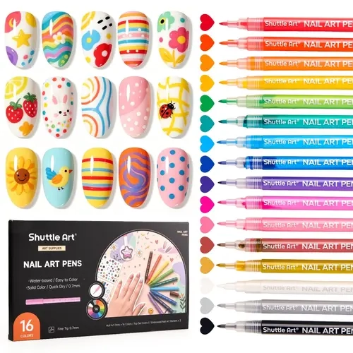 Shuttle Art Unisex 16-Color Manicure Markers Set, 0.7mm Fine Detail Acrylic Ink Nail Art Pens with Easy Grip, Fine Control, Quick-Drying Long-Lasting 3D Effects, Safe Pigment, Top Coat Gel & Minimalist Embossed Stickers for Home Salon DIY