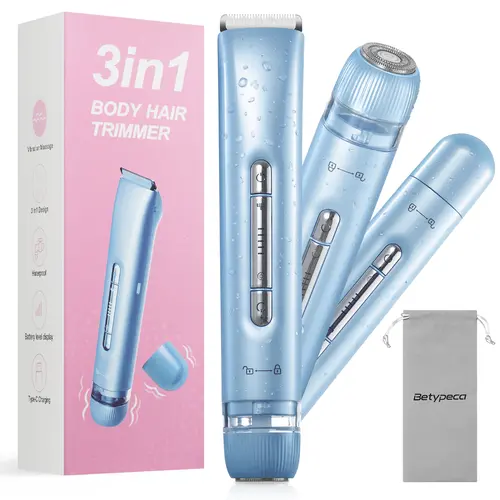 BETYPECA Women's 3-in-1 Rechargeable Bikini Trimmer Set - Lightweight IPX7 Waterproof Battery Powered Wireless Hair Trimmer, Epilator, Clipper, Shaver with 6000-7000 VPM Vibration Massage, Personal Care Self Care Cool Gadgets for Adult Women, Battery Powe