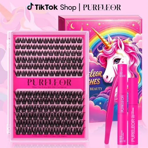 PURELEOR Natural Lash Cluster Eyelash Clusters Kit, C-Curl Wispy 0.07mm Polyester Fluffy False Eyelashes, 10-12-14-16mm Mixed Lengths, Light Hybrid Look, Easy Home DIY Self-Application Makeup Lashes
