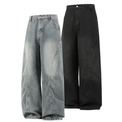 Men’s Grey Washed Cotton Baggy Jeans - Hip-Hop Menswear Oversized Curved Panels Design, All-Season Streetwear Casual Skate Pants, Durable Vintage Fade Loose-Fit Trousers for Everyday Use