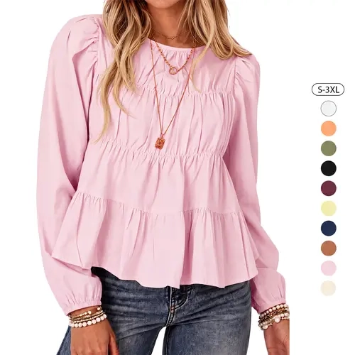 Tankaneo Womens long Sleeve Puff Loe Babydoll Tops Peplum Pleated Flowy Blouse | Spring Fall, Crew Neck, Trendy Casual, Loose Fit, Cute Shirts, Back Keyhole Womenswear