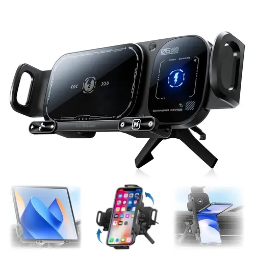 Rotating Wireless Car Phone Charger Holder - 15W Fast Charge Auto Accessory, 90° Rotation Air Vent Hook Clip, 1-Touch Release Car Interior Accessory for Foldable & Regular Phones (Fits iPhone/Samsung/Google), Car Interior Accessories