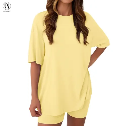 AUTOMET Women's 2-Piece Matching Set, 2026 Summer Minimalist Basic Round Neck Oversized Loose Baggy Casual Shirt & Biker Shorts, Women's Clothes Outfits, 2 Piece Sets, Women 2 Piece Sets