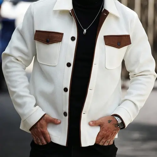 Men's Colorblock Button Jacket, Casual Regular Fit Long Sleeve Coat, Fall Winter Fashion Street Style, Versatile Daily Wear Outerwear Aesthetic