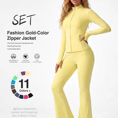 Women's Gold-Zipper Active Yoga Matching  - Soft Moisture-Wicking Stretch Jacket & High-Waist Flared Leggings, Skin-Friendly Gym Outfits for Running & Daily Commute, 2 Piece Sets, Women 2 Piece Sets