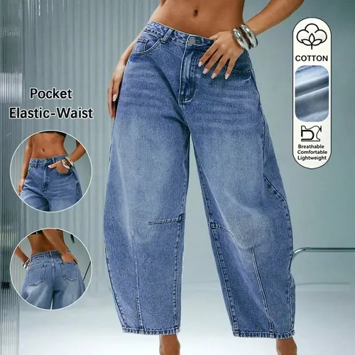 Women's Bucket Leg Washed Denim Jeans, Mid Waist Button Fly Capri Pants, Fall Fashion Loose Fit, Ankle Length with Pockets