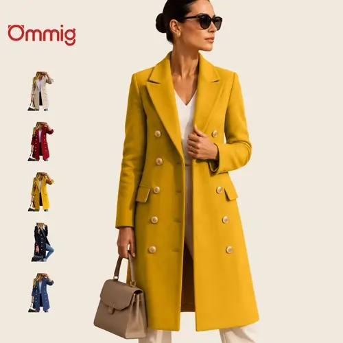 Ommig Women's Wool Blend Pea Coat - Double Button, Slim Minimalist Long Knee-Length Midi Outerwear, Solid Color, Collar Design for Fall Winter, Chic Street Style Fashion Jacket