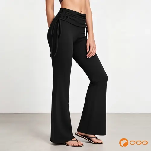 OQQ Women's High-Waisted Fold-Over Ruched Waist Athletic Pants - Adjustable Side Drawstring, Soft Stretch, Workout Bottoms, All Season, Solid Plain, Machine Washable, Casual Gym Apparel, Adjustable Ruching Pants