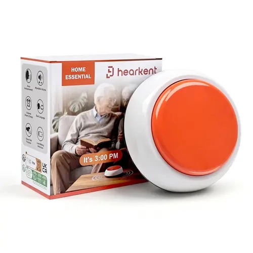 Hearkent Classic Round Big-Button Battery Powered Digital Clock for Seniors - Talk&Chime, English/Spanish Time-Date Announcement, 3 Alarms, Hourly Chime, Tap-to-Speak, 5 Volumes, Low Battery Detection, Switch, Orange Home Decor Essential