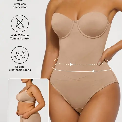 Azazie X-Shape Tummy Control Shapewear Bodysuit (For A/B Cup) Tummy Control Bodysuit with Detachable Straps, Seamless High Compression Shapewear sohochic