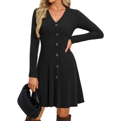 【Grace Karin】Women's 2026 Fall Trendy Long Sleeve Button Dress Casual V Neck Ribbed Knit Mini Sweater Dresses with Pockets