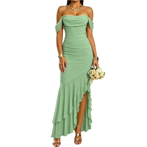 BORIFLORS Women's Elegant Off-Shoulder Sleeveless Ruched Bodycon Maxi Dress - Soft Stretchy Slimming Formal Gown with High Split Ruffle Hem, Womens Dresses for Women Wedding Guest Going Out Outfit