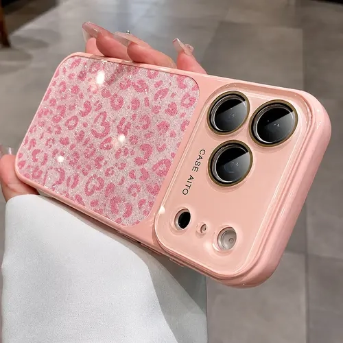 Glitter Bling Heart Cheetah Leopard Print Smartphone Casing for iPhone 14/15/16/17 Pro, Handheld Cellphone Devices Cover with Full Camera Lens Dustproof Protector, Military-Grade Drop & Shock Protection, Accessories