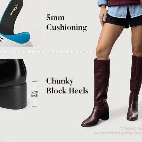 Athlefit Women's Knee High Boots - Chunky Block Heel, Square Toe, Side Zipper, Rubber&Leather Footwear, Comfortable Heels, All-Season Back to School Everyday Walking Shoes