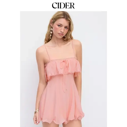 Cider Chiffon Lace Trim Tie Front  Ruffle Hem Mini Dress