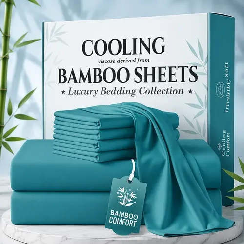 Jollyvogue Extra Deep Pocket Bamboo Sheets - 6 Pcs Breathable & Cooling Bed Sheet Set, Breathable & Moisture Wicking, Hotel Luxury Fitted Soft Wrinkle-Free For Mattresses, Room Decor, Twin/Full/Queen/King Size Pillowcase Sets, Bedsheet Sets, Breathable So