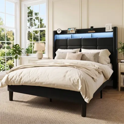 HOOMIC Wingback Upholstered Platform Bed Frame Full/Queen/King Size, LED Lights & USB Charging Station, 2-Tier Storage Tall Headboard 51.2", Noise-Free, No Box Spring Required, Black White Grey