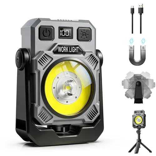 Magnetic Rechargeable LED Work Light - 5200mAh, 2000LM, Hands-Free Mount, 5-50H Run Time, Power Display, Stepless Dimming, 360° Rotatable Head, Outdoor Lights for Car Repair, Camping