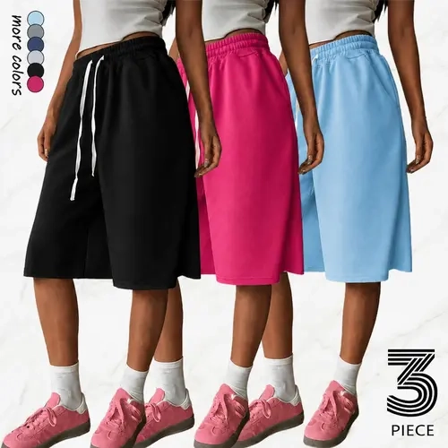 Women's Minimalist 3-Pack Below-Knee Wide-Leg Sports Shorts, Elastic Waistband, Side Pockets, Breathable Lightweight Non-See-Through Polyester Knit Fabric, Machine-Washable, Plain Colors, Casual Commute Look Activewear