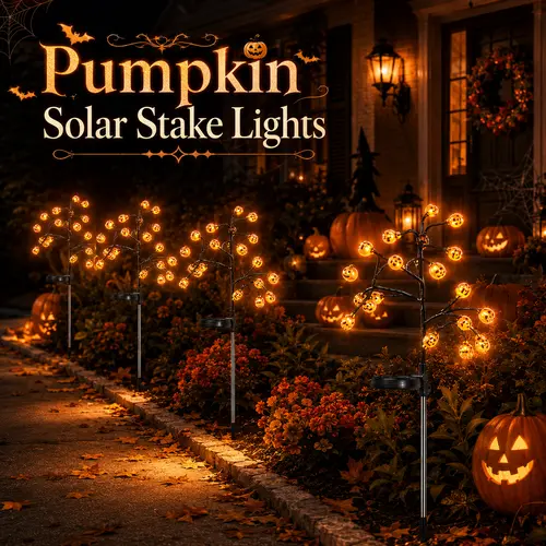 Solar-Powered Spooky Halloween Pumpkin Tree Stake Lights Set, Plastic 20-Head Orange Jack-O’-Lantern Ornaments, Flexible Branches, Auto-On/Off, Steady & Flashing Modes, Outdoor Fall Yard Decor (Multiple Packs: 2/4/8 Count)