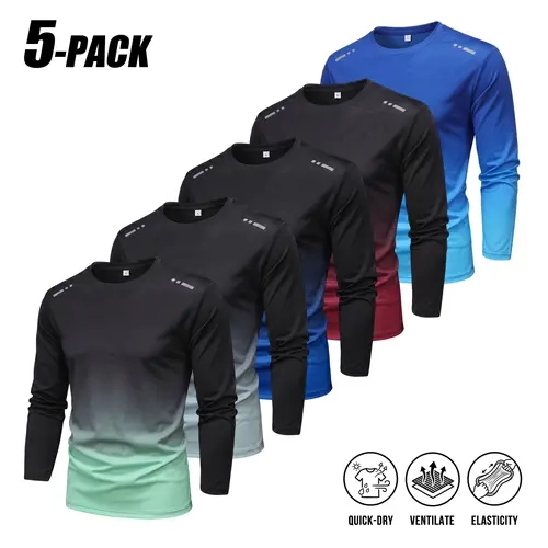 Men's 5-Pack Gradient Long Sleeve Athletic Shirts - Polyester Dri-Fit Quick-Dry Ventilated Elastic Fabric, Crew Neck Clean Fit Tops for Running, Gym, Athletic Fashion Activewear, Soft Flexible Technical Apparel, Fitness Workout Shirt