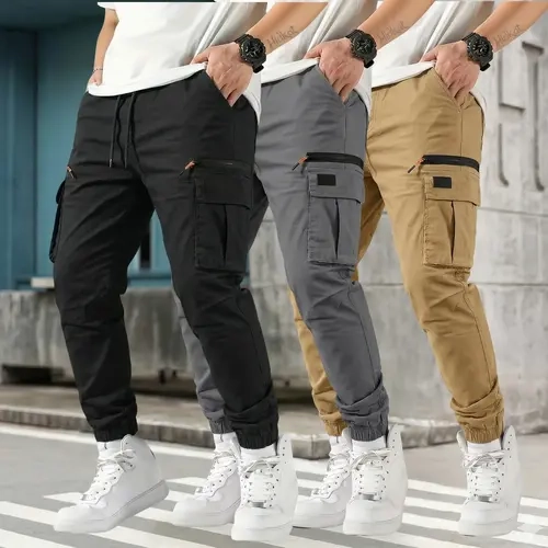 Men’s 3-Pack Solid Color Slim Fit Polyester Street Fashion Jogger Cargo Pants - All Season, Side Cargo, Zip Pockets, Long Length for City Commuting, Outdoor Adventures
