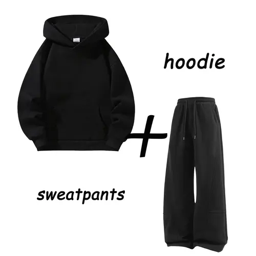 Men's Casual 2-Piece Hoodie and Pants Set - Baggy Oversized Plain Longsleeve Hooded Top with Kangaroo Pocket, Wide Drawstring Elastic Waist Baggy Comfy Sweatpants, Stylish Streetwear for Daily Commuting
