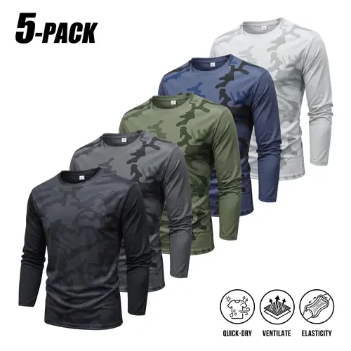 Men's 5-Pack Camouflage Long-Sleeve Athletic T-Shirts - Men's Clothing, Casual, Elasticity, Polyester Lightweight Breathable Quick-Dry, Classic Crew Neck Clean Fit, Athleisure, Suitable For Fitness Hiking