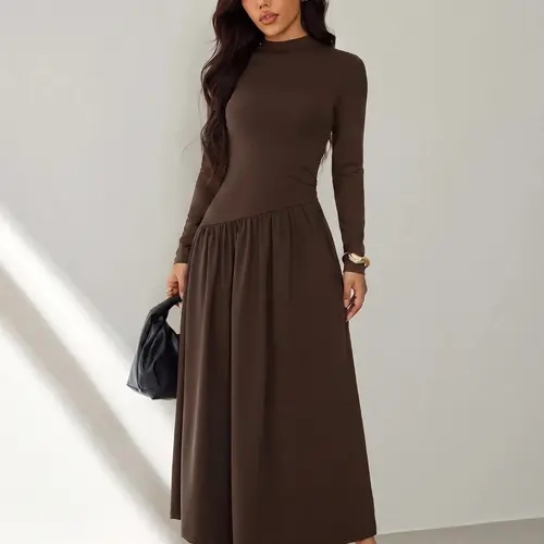 Clean Girl Neutral Mock Neck Long Sleeve Midi Dress, Slim Top Flowy Swing Streetwear Dress, Women's Fashionable Midi Dress, Casual Dress