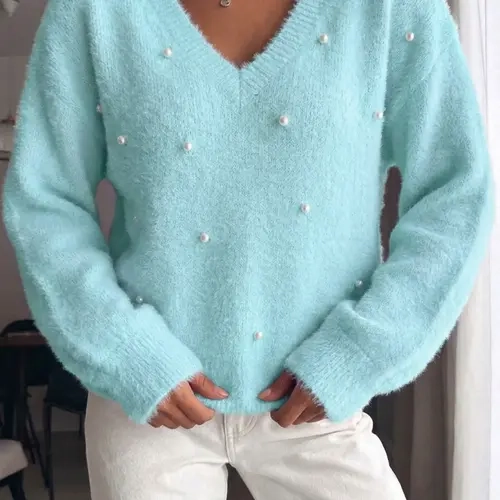 Women's Plain V-Neck Beaded Knit Sweater, Long Sleeve Loose-Fitting Casual Pullover for Fall & Winter, Simple Style, Cozy Pullover