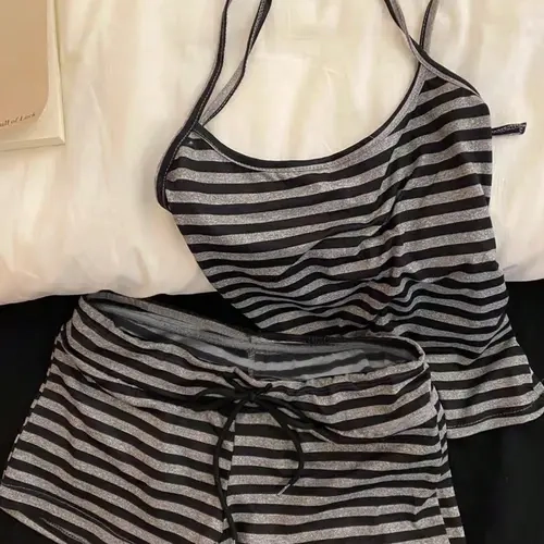 Women's Knit Striped Print Casual Loungewear Two-Piece Set, Tie-Back Halter Top and Shorts, Breathable Fabric, Perfect for Home and Sleep, Pj Sets