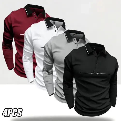 Men's 4-Piece High-End Long-Sleeve Polo Shirt Set - Regular-Fit Buttoned Collar Solid Color Golf-Themed Tops, Casual Athletic Printed Pullover for Business & Tennis Training (Long Sleeve Tops, Simple Solid Color Polo Shirts)