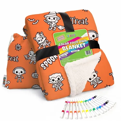 Craftikit Halloween Coloring Blanket- Sherpa-Lined, 40x60 in, All-Seasons Cozy Home Decor Items, Unique Decor, Adulting Gifts, Cool Gifts for Adults, Travel-Ready Tote & Fabric Markers Included