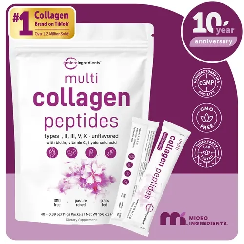 [Live Exclusive] Micro Ingredients Multi Collagen Peptides Powder 40 Packets - Hydrolyzed Protein Peptides (Type I,II,III,V,X) with Hyaluronic Acid, Biotin & Vitamin C Unflavored