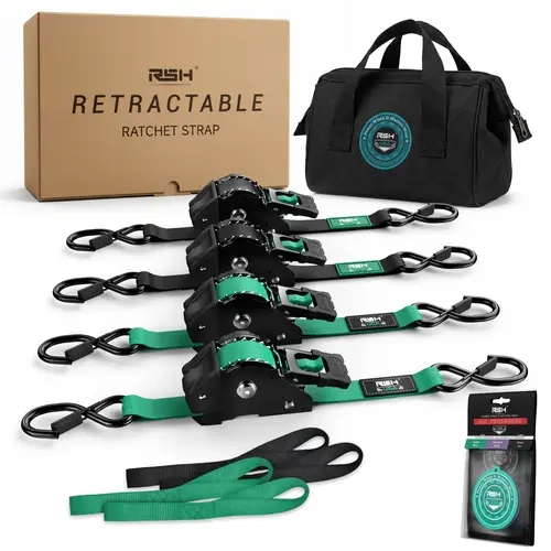RSH 4-Pack Medium-Duty Automatic Retracting Ratchet Straps, Self-Reeling Ratcheting Tiedowns, Truck Accessories for Cargo Securing on Trucks, Cargo Trailers