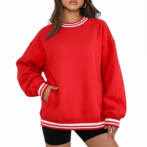 Fisoew Women's Striped Retro Vintage Varsity Rib Trim Crewneck Sweatshirt - Oversized Drop Shoulder Longsleeves, Plus Size Casual Essential Fleece Tunic with Pocket, Lightweight Solid Street Style Top
