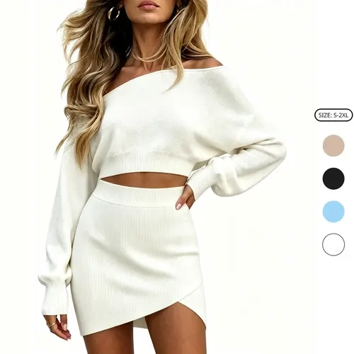 Imily Bela Womens 2 Piece Outfits Sweater Sets Off Shoulder Knit Tops Waist skirt Suits Casual Pajama Set