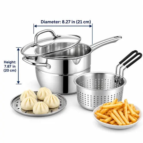 304 Stainless Steel Multi-Function Steamer Cookware - Single Solid Metal Pot with Insert, Fryer Basket, Induction-Safe, Gas Stove Compatible for Home Cooking, Food Steamer for Cooking