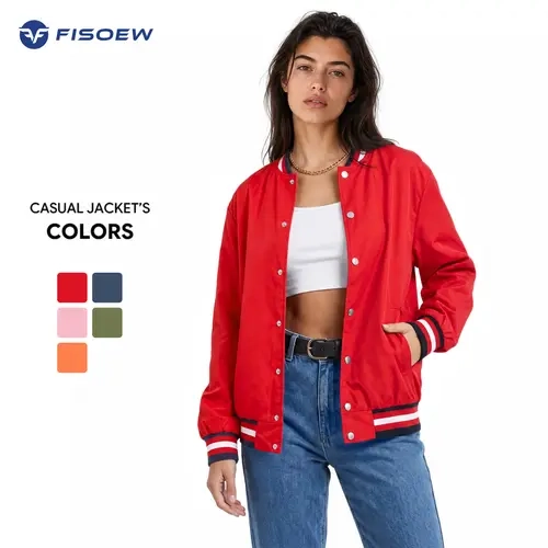 Fisoew Women's Multi-Size Retro Vintage Striped Rib Trim Varsity Jacket - Button-Down Long Sleeve Loose Woven Army-Inspired Casual Outerwear, Elastic Trim, Premium Fabric, Side Pockets, Solid Sleeves Tops for Women Clothes