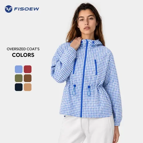 Fisoew Women's Oversized Plaid Hoodie Coat - Lightweight Long-Sleeve Streetwear Outerwear, Hooded Jacket with Adjustable Waist, Zippered Pockets, Multi-Size Casual Windbreaker for Beach Travel, Tops for Women, Checkered Plaid Print Style