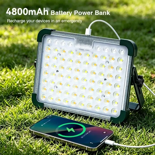 Qawtor 10000LM Solar Camping Light with Side Flashlight, 6 Lighting Modes, 4800mAh Rechargeable LED Work Light & Emergency Power Bank for Camping, Power Outages, Garage